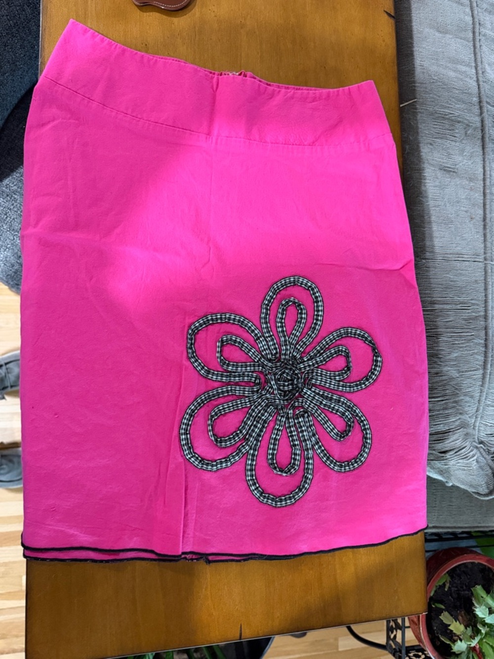 Soulmates Bright Pink Pencil Skirt with Black-White Floral Appliqué